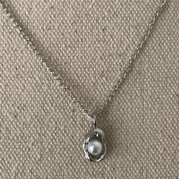 Symbolic Egg in a Nest Pendant Necklace - Silver Tone with Faux Pearl - Picture 3 of 7